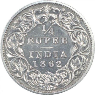 Silver Proof Quarter Rupee Coin of Victoria Queen of 1862.