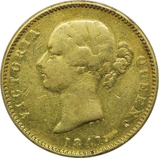 Gold One Mohur Coin of Victoria Queen of Calcutta Mint of 1841.