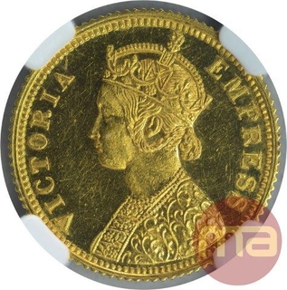 Gold Proof Five Rupees Coin of Victoria Empress of 1879.