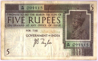 King George V Five Rupees Note of J. B. Taylor.