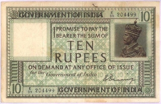 Rare Note of King George V of 10 Rupees of H. Denning 