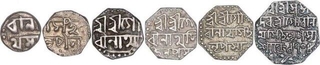 Rare Set of Six Silver Rupee Coins of Gaurinatha Simha of Assam.