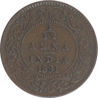 Copper One Twelfth Anna Coin of Victoria Empress of Calcutta Mint of 1891.