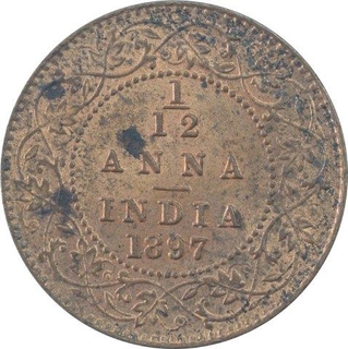 Copper One Twelfth Anna Coin of Victoria Empress of Calcutta Mint of 1897.