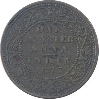 Copper Quarter Anna Coin of Victoria Empress of Bombay Mint of 1877.