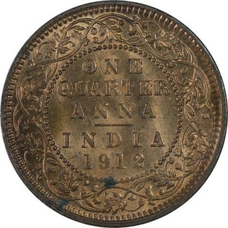 Copper One Quarter Anna Coin of King George V of 1912.