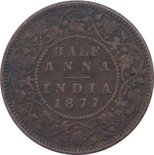 Copper Half Anna Coin of Victoria Empress of 1877.