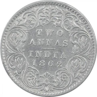 Silver Two Annas Coin of Victoria Queen of Calcutta Mint of 1862.