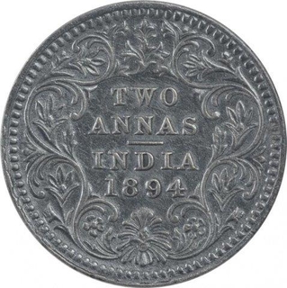 Silver Two Annas Coin of Victoria Empress of Calcutta Mint of 1894.