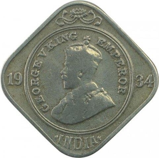 Copper Nickel Two Annas Coin of King George V of Calcutta Mint of  1934.