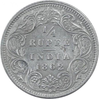 Silver One Quarter Rupee Coin of Victoria Queen of Calcutta Mint of 1862.