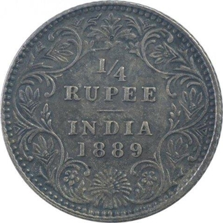 Silver One Quarter Rupee Coin of Victoria Empress of Bombay Mint of 1889.