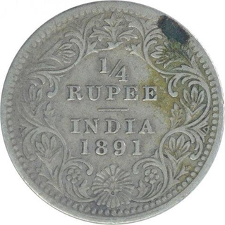 Silver Quarter Rupee Coin of Victoria Empress of Calcutta Mint of 1891.