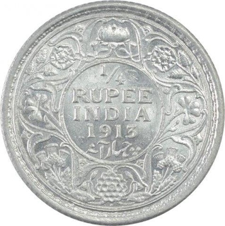 Silver Quarter Rupee Coin of King George V of Bombay Mint of 1913.