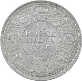 Silver One Quarter Rupee Coin of King George V of  Bombay Mint of 1928.