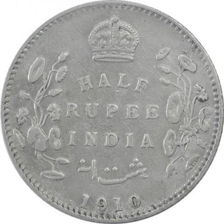 Silver Half Rupee Coin of King Edward VII of Calcutta Mint of 1910.