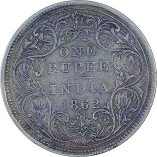 Silver One Rupee Coin of Victoria Queen of Bombay Mint of 1862.