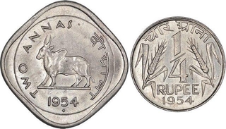 Cupro Nickel Two Annas & Quarter Rupee Coins of Bombay & Calcutta Mint of Republic India.