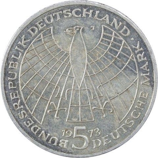 Silver Five Mark Coin of Five Hundred Birth Day Celebration of Copernicus of Germany.