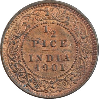 Copper Half Pice Coin of Victoria Empress of Calcutta Mint of 1901.