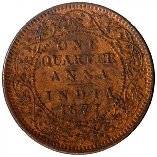 Copper One Quarter Anna Coin of Victoria Empress of Calcutta Mint of 1877.