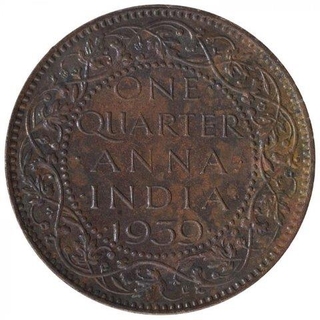 Extremely Rare Bronze One Quarter Anna Coin of King George VI of Calcutta Mint of  1939.