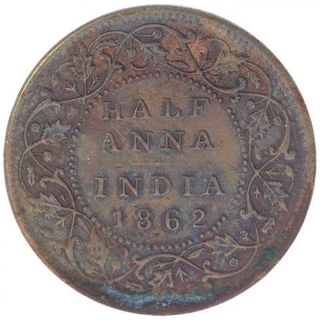 Copper Half Anna Coin of Victoria Queen of Madras Mint of 1862.