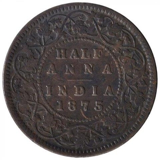 Copper Half Anna Coin of Victoria Queen of Calcutta Mint of 1875.	