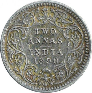 Silver Two Annas Coin of Victoria Empress of Calcutta Mint of 1890.