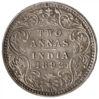 Silver Two Annas Coin of Victoria Empress of Bombay Mint of 1892.