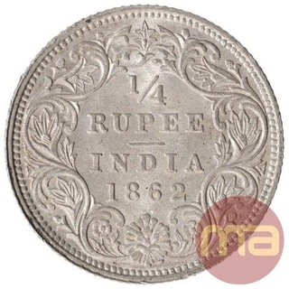 Silver One Quarter Rupee of Victoria Queen of Calcutta Mint of 1862.