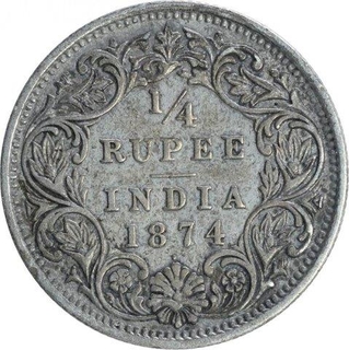 Silver One Quarter Rupee Coin of Victoria Queen of Bombay Mint of 1874.