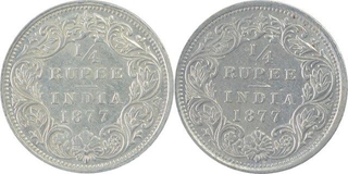 Silver One Quarter Rupee Coins of Victoria Queen of Bombay Mint of 1877.