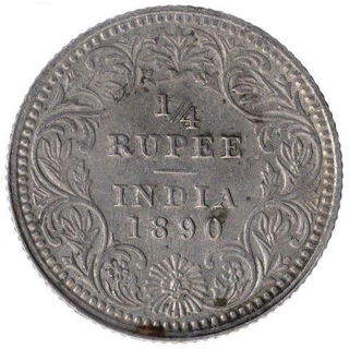 Silver One Quarter Rupee Coin of Victoria Empress of Calcutta Mint of  1890.