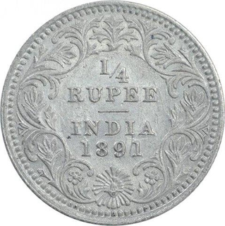 Silver One Quarter Rupee Coin of Victoria Empress of Calcutta Mint of 1891.