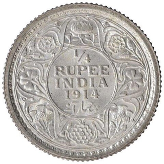 Silver One Quarter Rupee Coin of King George V of Calcutta Mint of 1914.