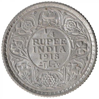 Silver One Quarter Rupee Coin of King George V of Calcutta Mint of 1918.