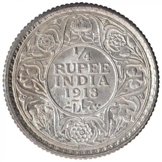 Silver One Quarter Rupee Coin of King George V of Calcutta Mint of 1918.