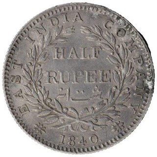 Silver Half Rupee Coin of Queen Victoria of Bombay Mint of 1840.