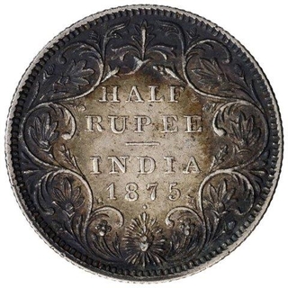 Silver Half Rupee Coin of Victoria Queen of Bombay Mint of 1875. 