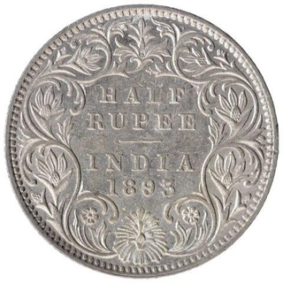 Silver Half Rupee Coin of Victoria Empress of Bombay Mint of 1893.