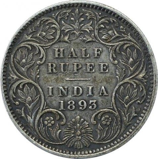 Silver Half Rupee Coin of Victoria Empress of Calcutta Mint of 1893.