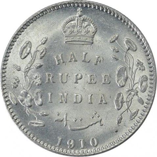 Silver Half Rupee Coin of King Edward VII of Calcutta Mint of 1910.