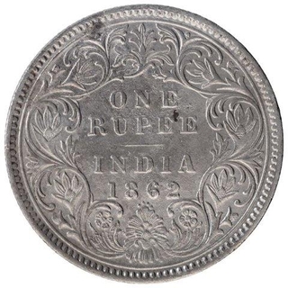 Silver One Rupee Coin of Victoria Queen of Bombay Mint of 1862.