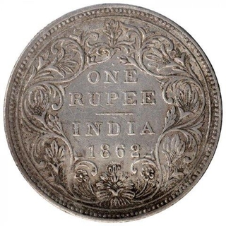 Silver One Rupee Coin of Victoria Queen of Bombay Mint of 1862.