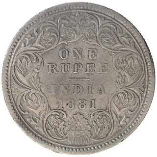 Silver One Rupee Coin of Victoria Empress of Calcutta Mint of 1881.