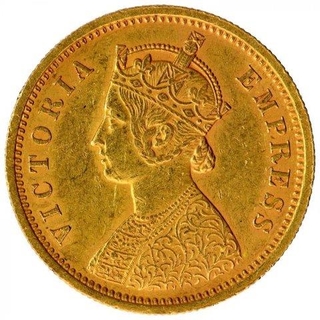 Gold One Mohur Coin of Victoria Queen of Calcutta Mint of  1882.