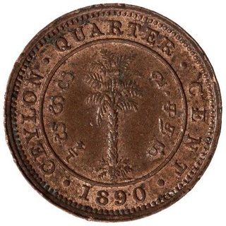 Copper Quarter Cent Coin of Queen Victoria of Ceylon of 1890.