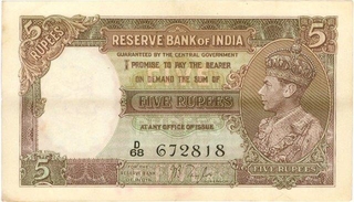 Five Rupees Bank Note Signed By J B Taylor of King George VI of 1938.