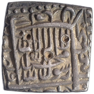 Silver Square One Rupee Coin of Akbar of Urdu Zafar Qarin Mint.